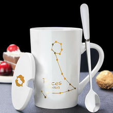 NEW Ceramic Mugs 12 Constellations Creative Mugs with Spoon Lid Black and Gold Porcelain Zodiac Milk Coffee Cup Drinkware