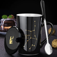 NEW Ceramic Mugs 12 Constellations Creative Mugs with Spoon Lid Black and Gold Porcelain Zodiac Milk Coffee Cup Drinkware