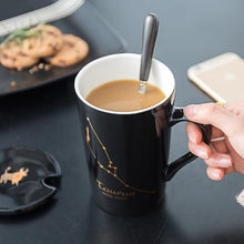 NEW Ceramic Mugs 12 Constellations Creative Mugs with Spoon Lid Black and Gold Porcelain Zodiac Milk Coffee Cup Drinkware