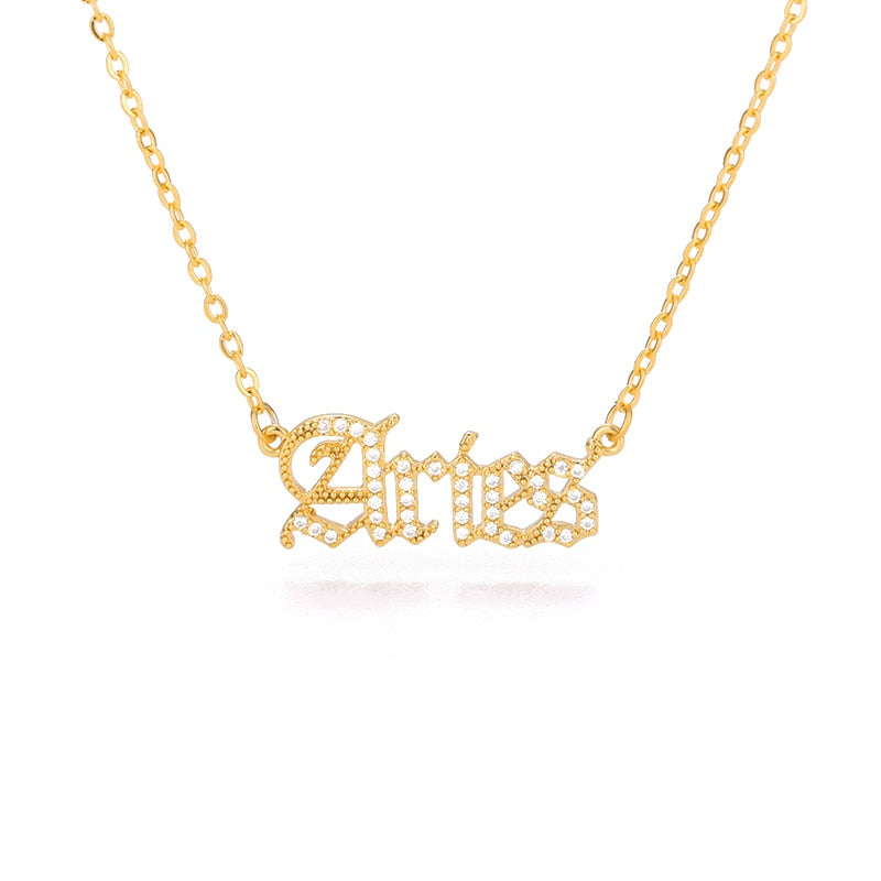 Zircon Letter Constellation Necklace For Women Stainless Steel Gold 12 Zodiac Necklaces Choker Alphabet Jewelry Bijoux Femme BFF