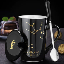NEW Ceramic Mugs 12 Constellations Creative Mugs with Spoon Lid Black and Gold Porcelain Zodiac Milk Coffee Cup Drinkware