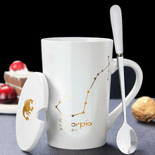 NEW Ceramic Mugs 12 Constellations Creative Mugs with Spoon Lid Black and Gold Porcelain Zodiac Milk Coffee Cup Drinkware