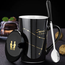 NEW Ceramic Mugs 12 Constellations Creative Mugs with Spoon Lid Black and Gold Porcelain Zodiac Milk Coffee Cup Drinkware