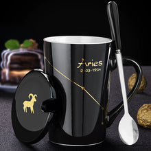 NEW Ceramic Mugs 12 Constellations Creative Mugs with Spoon Lid Black and Gold Porcelain Zodiac Milk Coffee Cup Drinkware