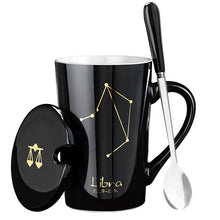 NEW Ceramic Mugs 12 Constellations Creative Mugs with Spoon Lid Black and Gold Porcelain Zodiac Milk Coffee Cup Drinkware