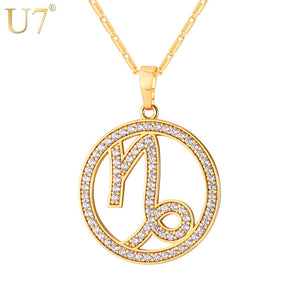 U7 Capricorn Zodiac Necklace & Pendant Trendy Gold Color Cubic Zirconia Constellations Jewelry For Men/Women Birthday Gift P1080