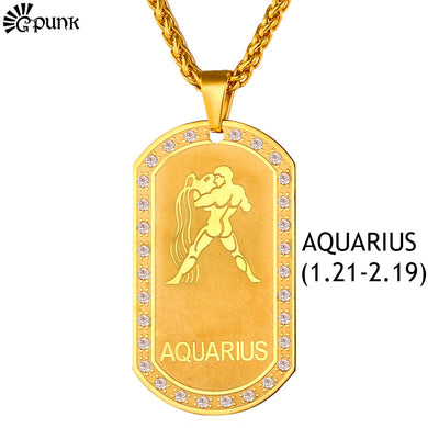Gold Aquarius Dog Tag Necklace