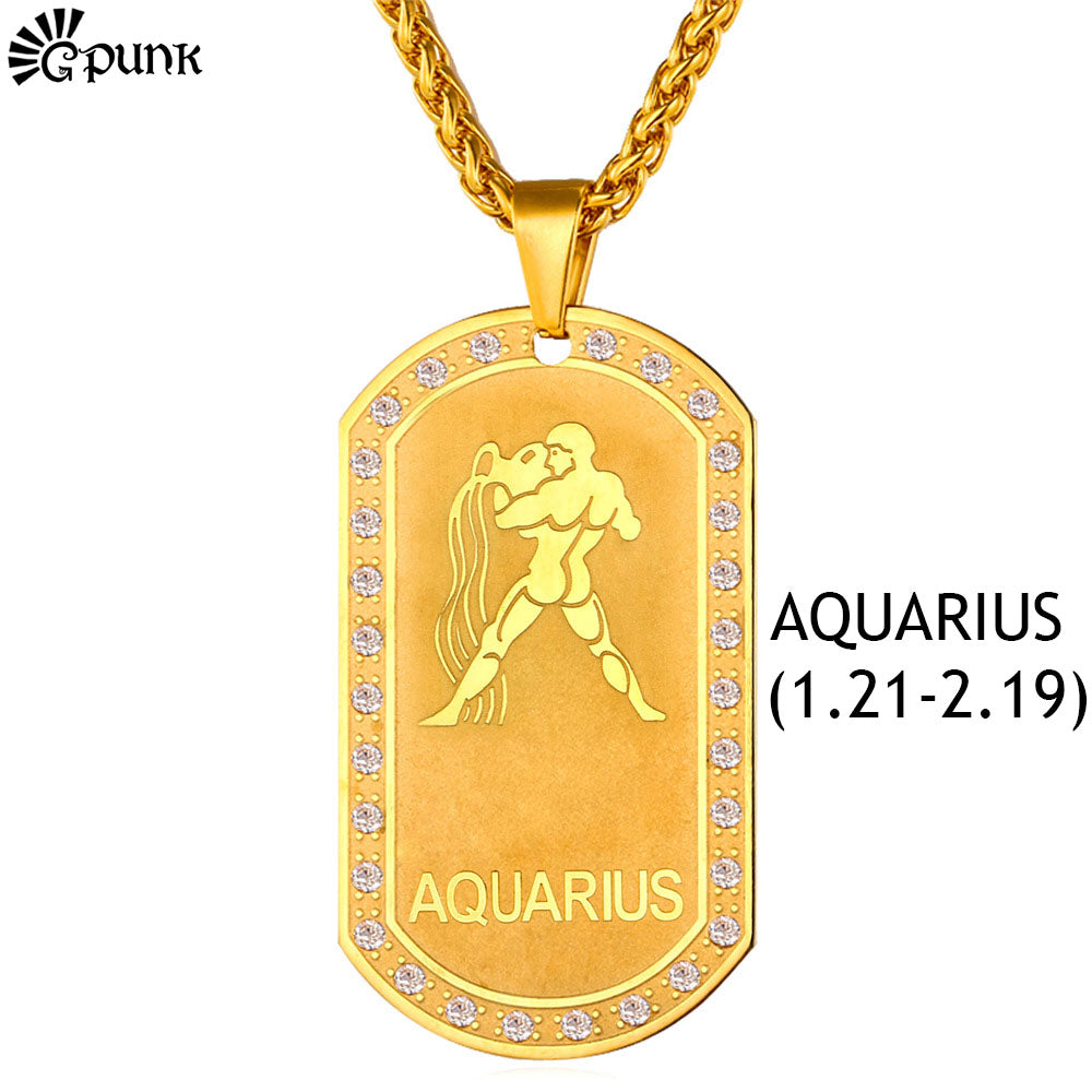 Gold Aquarius Dog Tag Necklace